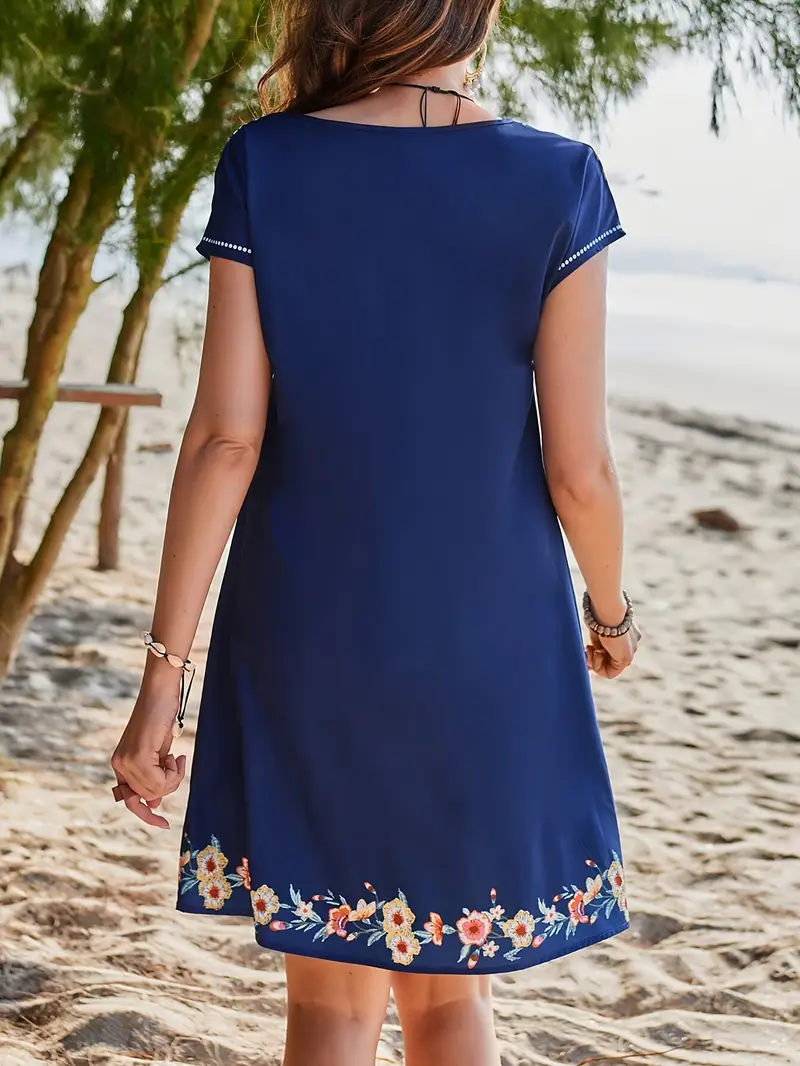 ZANZEA Women's Dresses Vintage Holiday Floral Short Sleeve O-Neck Casual Cotton Linen Loose Midi Dress #7 | Singapore - Foto 10