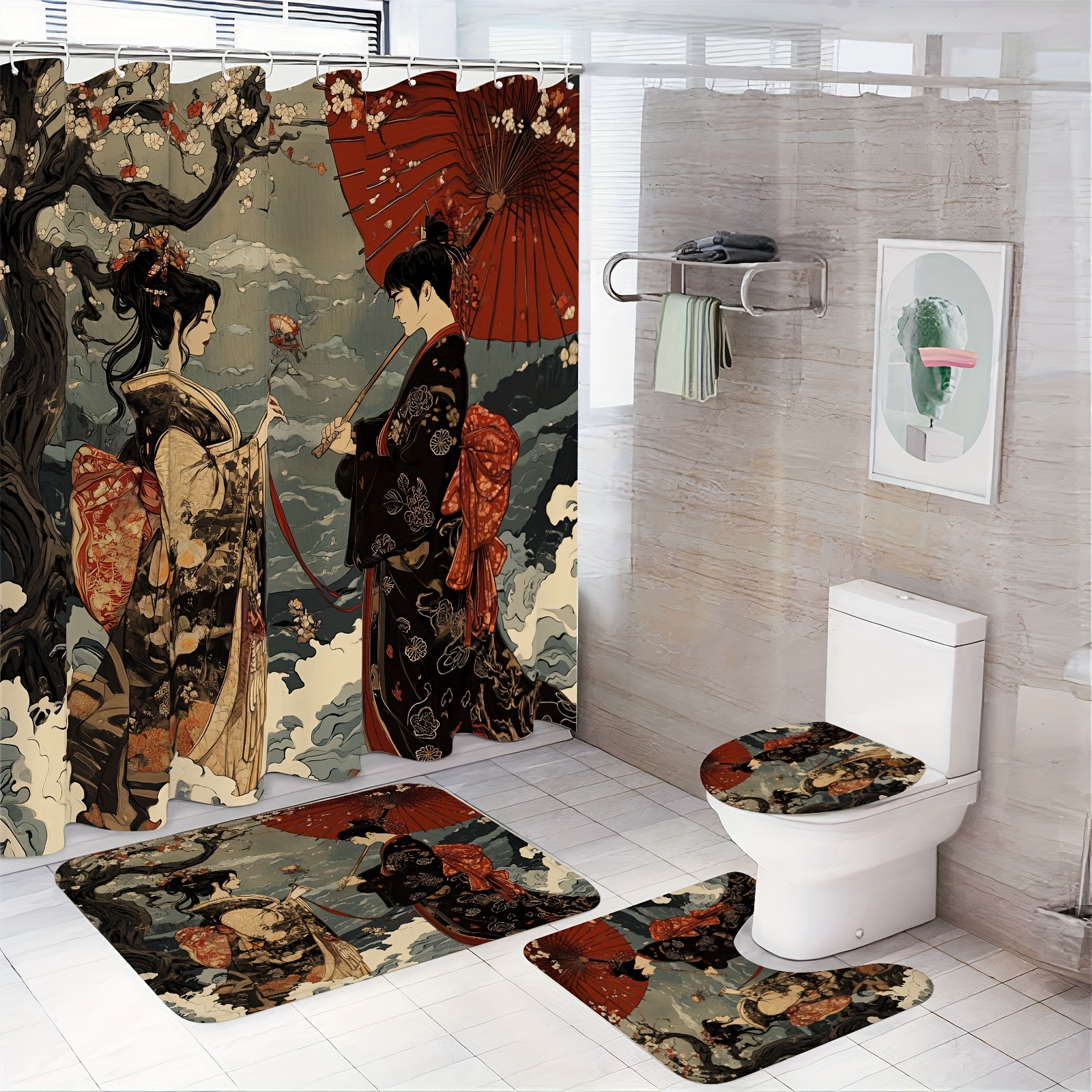 

Japanese Ukiyo-e Warrior And Geisha Shower Curtain Set With Rugs And Hooks - Machine Washable, Stain-resistant Polyester, Woven Knit Arts-themed Bathroom Decor Ensemble With Non-slip Mats