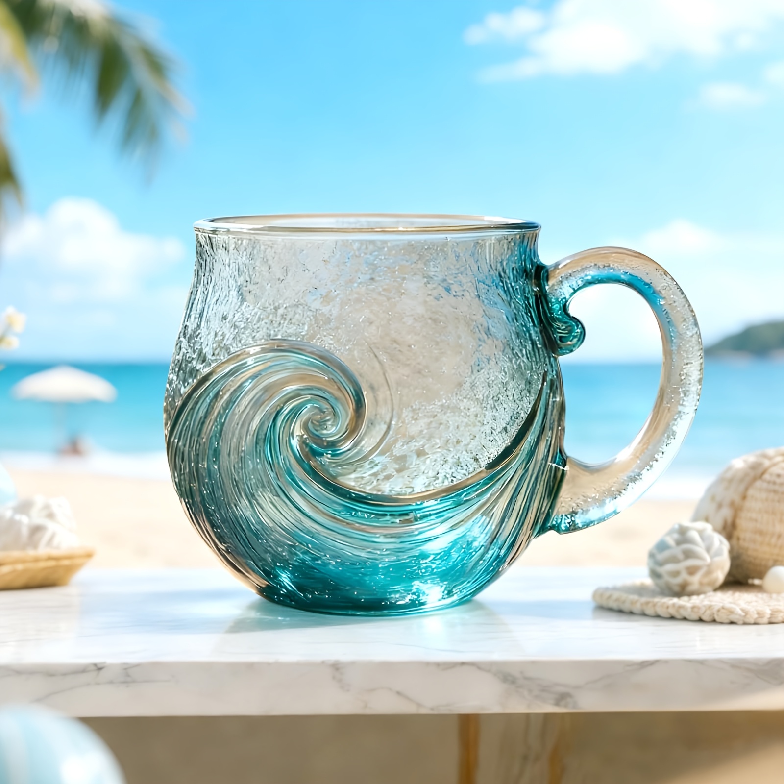 TEMU Sea Glass Wave Mug 15oz, Handblown Ocean Wave Glass Coffee Cup With Handle, Artistic Frosted Beach Theme Drinkware For Coffee, Tea, Wine, Unique