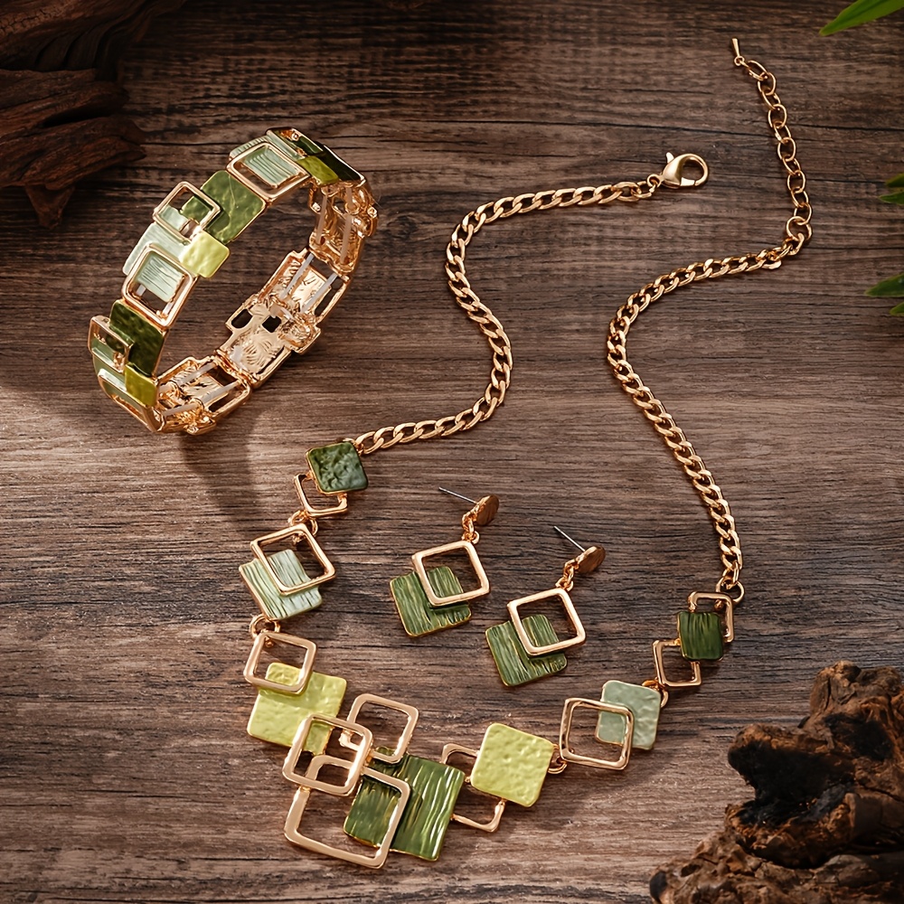 E-shop Ein Damenmode Bohemian Emaille Minimalistisches Geometrisches Halsketten- und Ohrring-Armband-Set aus Zinklegierung, mit einem einfachen