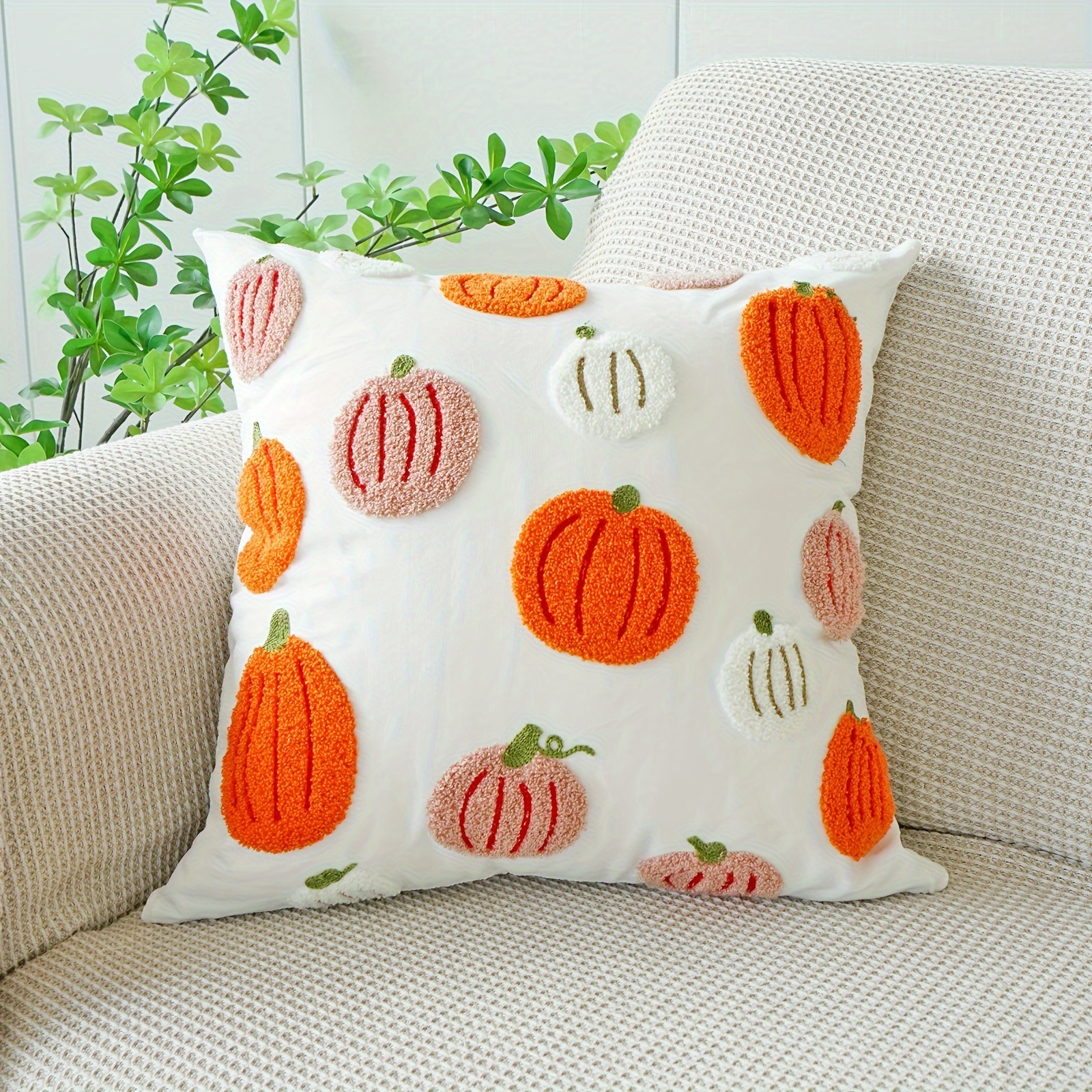 

Festive Pumpkin Embroidered Throw Pillow - Contemporary Style, Machine Washable, Zipper Closure, Suitable For Living Room Decor, Woven Cover In Polyester