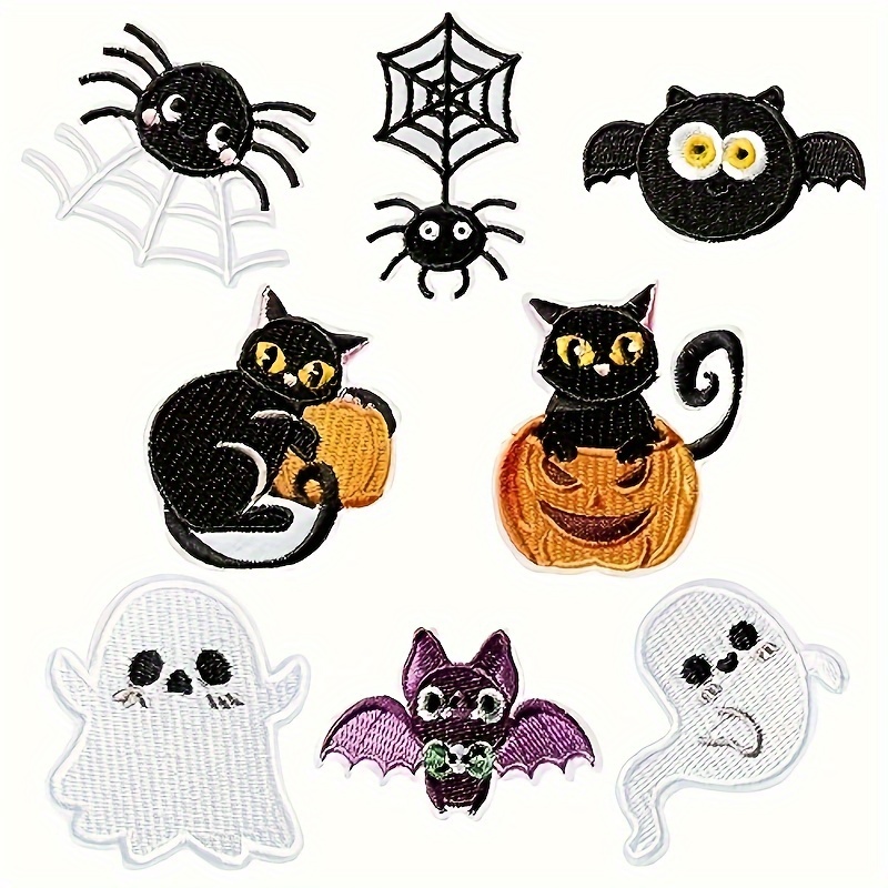 Image of Set Of 8 Adorable For Halloween Iron-on Patches Featuring , Bat, Spider, And Cat Designs, Perfect For Sewing Costumes, Jackets, Backpacks, Or Hats As Craft Additions