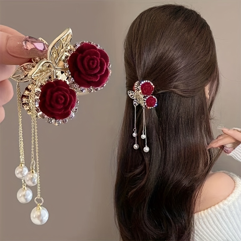 elegant   faux pearl tassel hair clip alloy   for ponytails and updos details 0