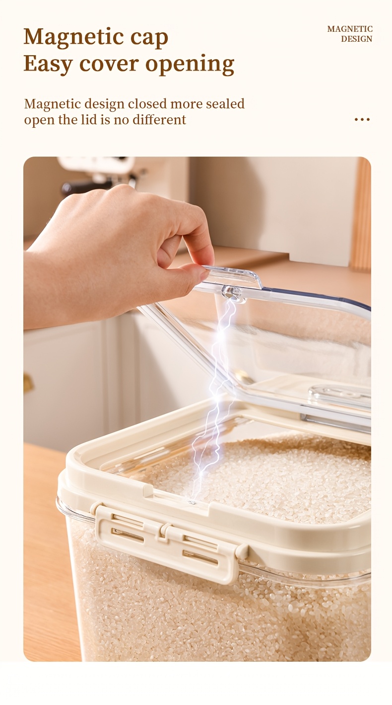 2 sizes airtight food storage containers set 5kg 11 02lb 10kg 22 05lb transparent plastic grain dispenser with measuring cup moisture proof and insect resistant for rice   flour pet food hand wash reusable square with magnetic closure for kitchen use Product details 2