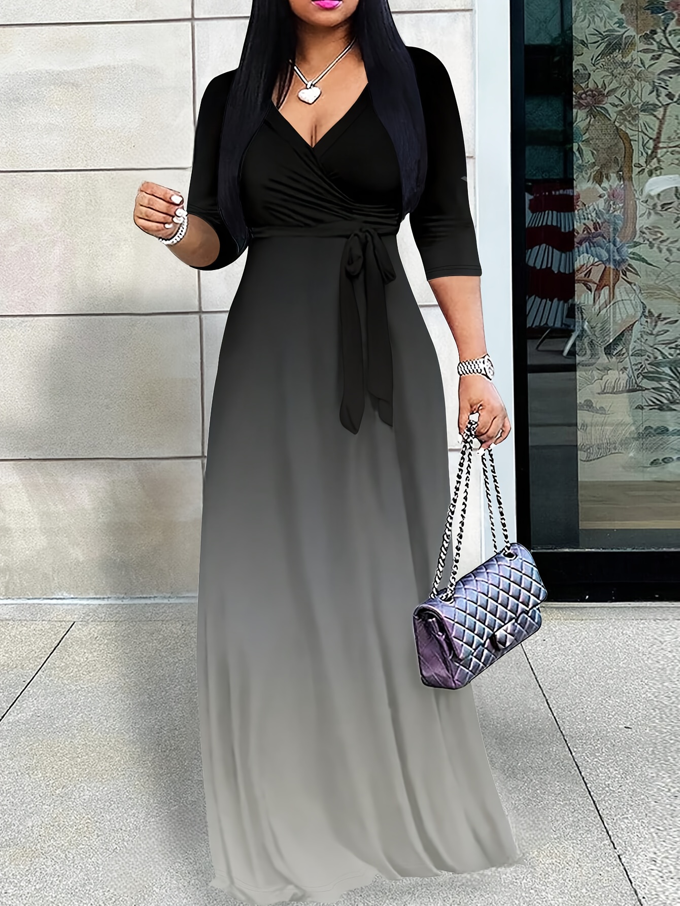 womens elegant v neck a line dress belt length formal semi - Temu Bahrain