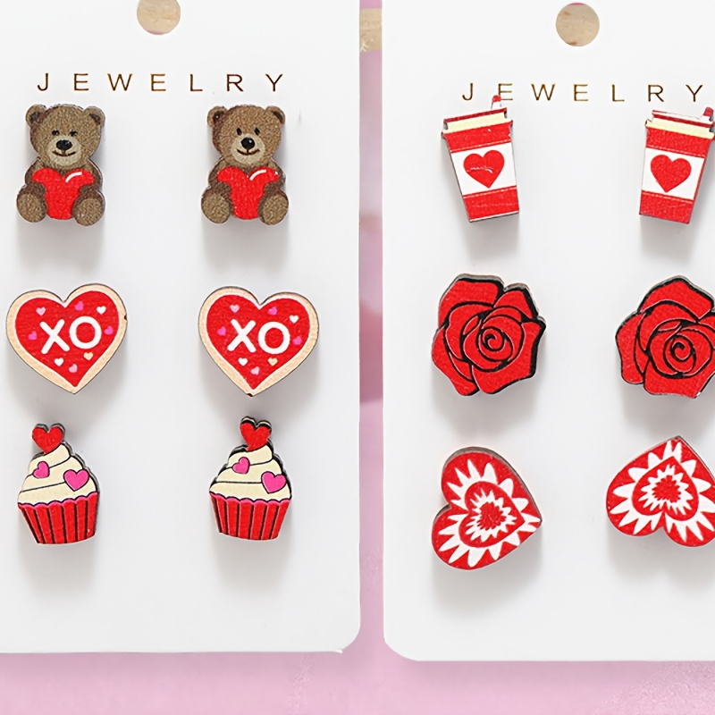 

6 Pairs Valentine's Day Earrings Set For Women, Elegant Classic Wooden With , Cartoon Bear, Heart, Cupcake, Coffee Cup Designs, Stainless Steel Posts, & Festival Celebrations, Gift For Girlfriend