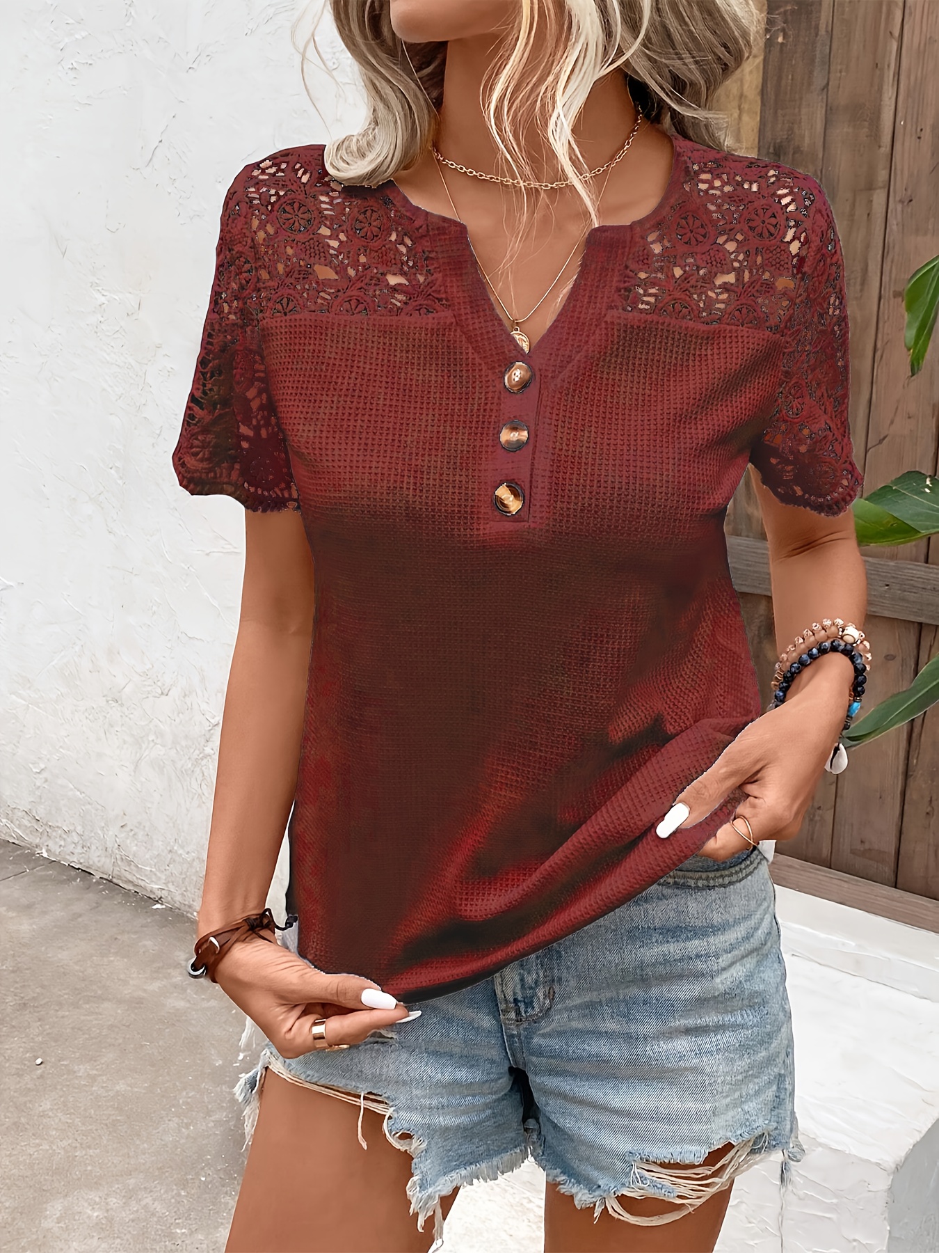 damen sommer einfarbig   spitzenbesatz v-ausschnitt kurzarm elegantes t-shirt elegante   yy0314833