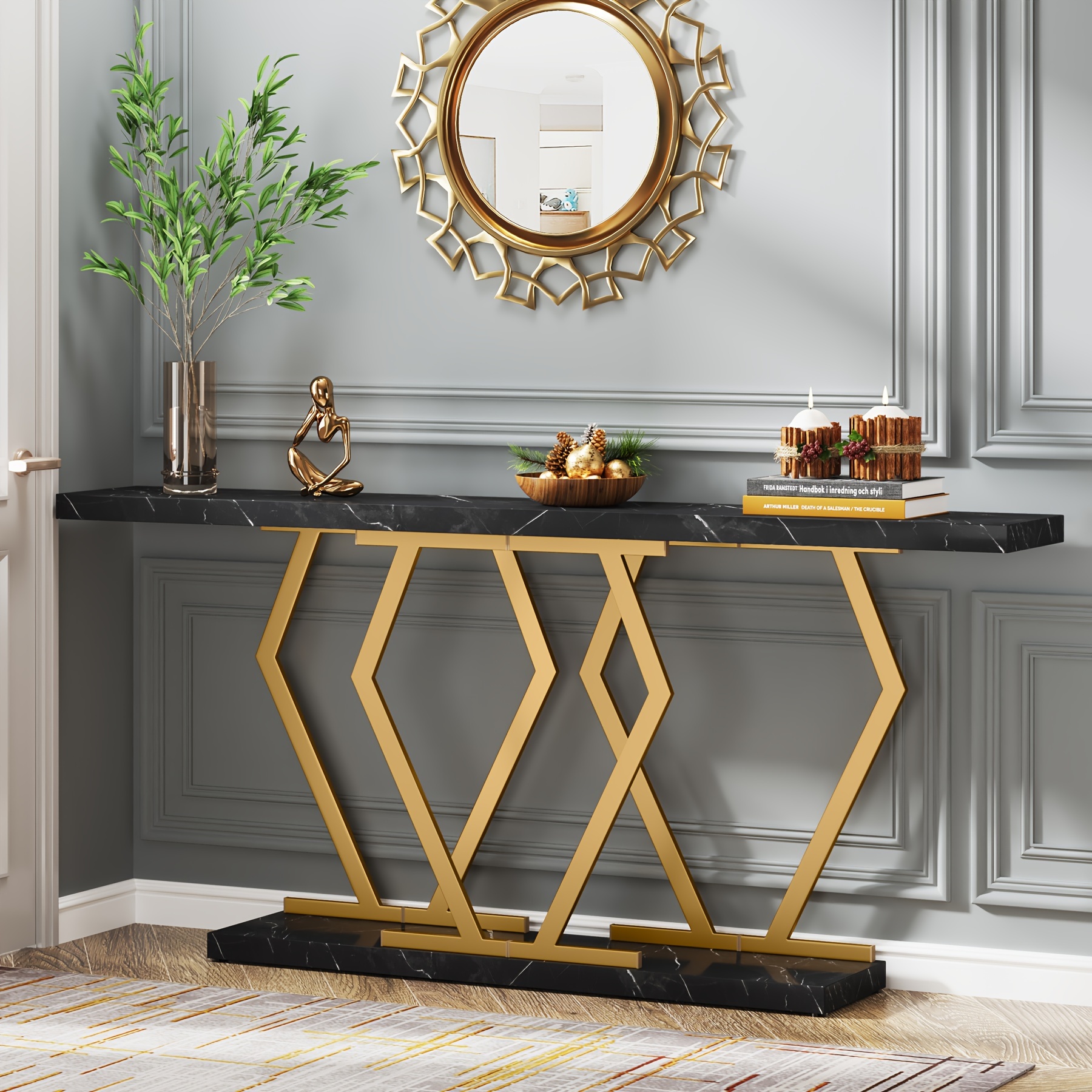 

Little Tree Extra Long 70.9 Inch Sofa Table In Black And Gold, Featuring A Faux Marble Top And Gold Frame, Ideal Modern Table For Entryways