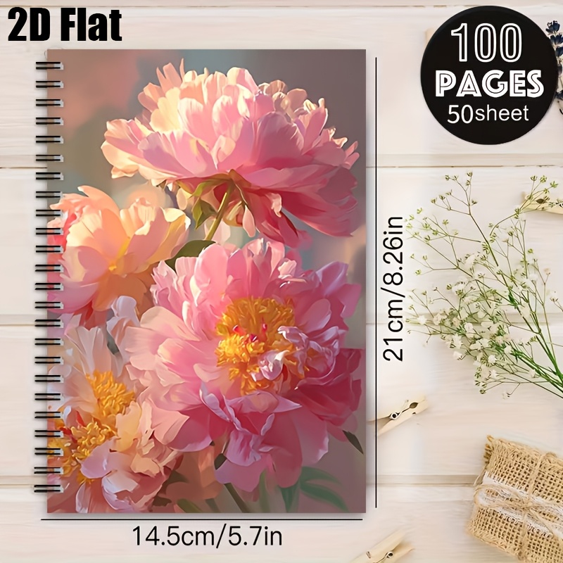 TEMU 1pc [2d] Flat Spiral Notebooks, A5 Spiral Bound Notebooks, Retro Pink And White Peony Floral Illustration Cover, Suitable For Back-to-school ,