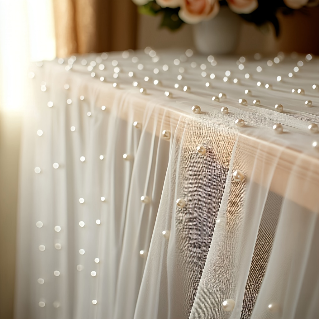 Image of 1pc, 118 Inches, White/ Pearl Mesh Tulle, Pearl Tulle, For Artwork Decoration, Wedding Decoration, Holiday Decoration, Christmas, Halloween, Chair Decoration, Craft Prop Decoration