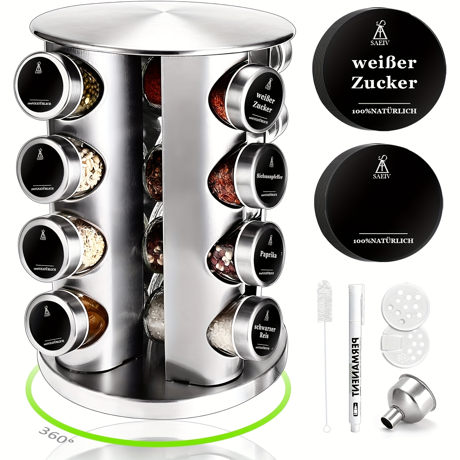 TEMU Saeiv 360° Rotating Vertical Spice Rack | Rotating Spice Rack | 12/16 100ml Spice Jars | 3/4 Tier Rotating Spice Rack | Kitchen Shelf | Spice
