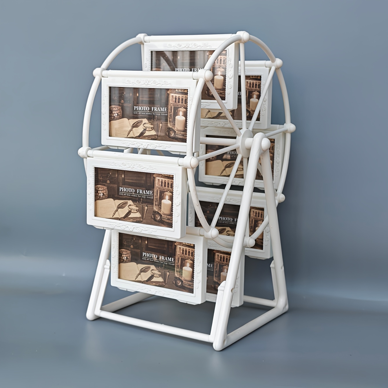 Image of 1pc Vintage Rotating Wheel 8 Photo Frames -with 8 4-inch Photo Frames - Exquisite Living Room, Bedroom, Desk Decoration - Perfect Valentine's Day, Birthday, Christmas Gifts
