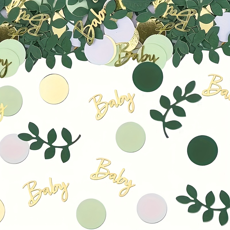 Image of 150pcs Green Shower Confetti Decorations - Eucalyptus Round Sage Green Golden Confetti, Gender Reveal Party Birthday Table Confetti