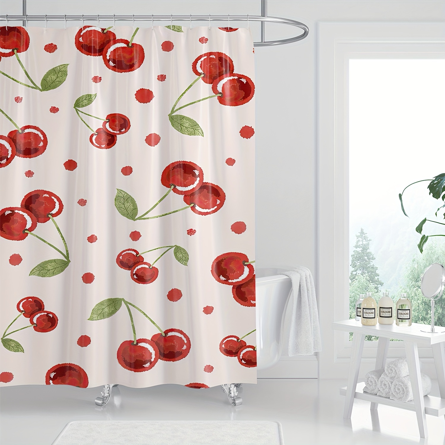 

1pc Cherry Art Print Shower Curtain - Waterproof Polyester, Includes Hooks, Machine Washable, All-season Bathroom Decor