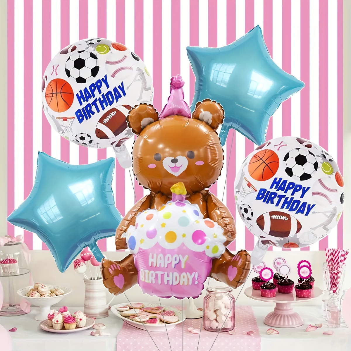 

5 Pcs Birthday Party Balloon Set: Star, Cupcake Bear, Gender Display - Suitable For Ages 14+ - No Electricity Required - Aluminum Balloon Material