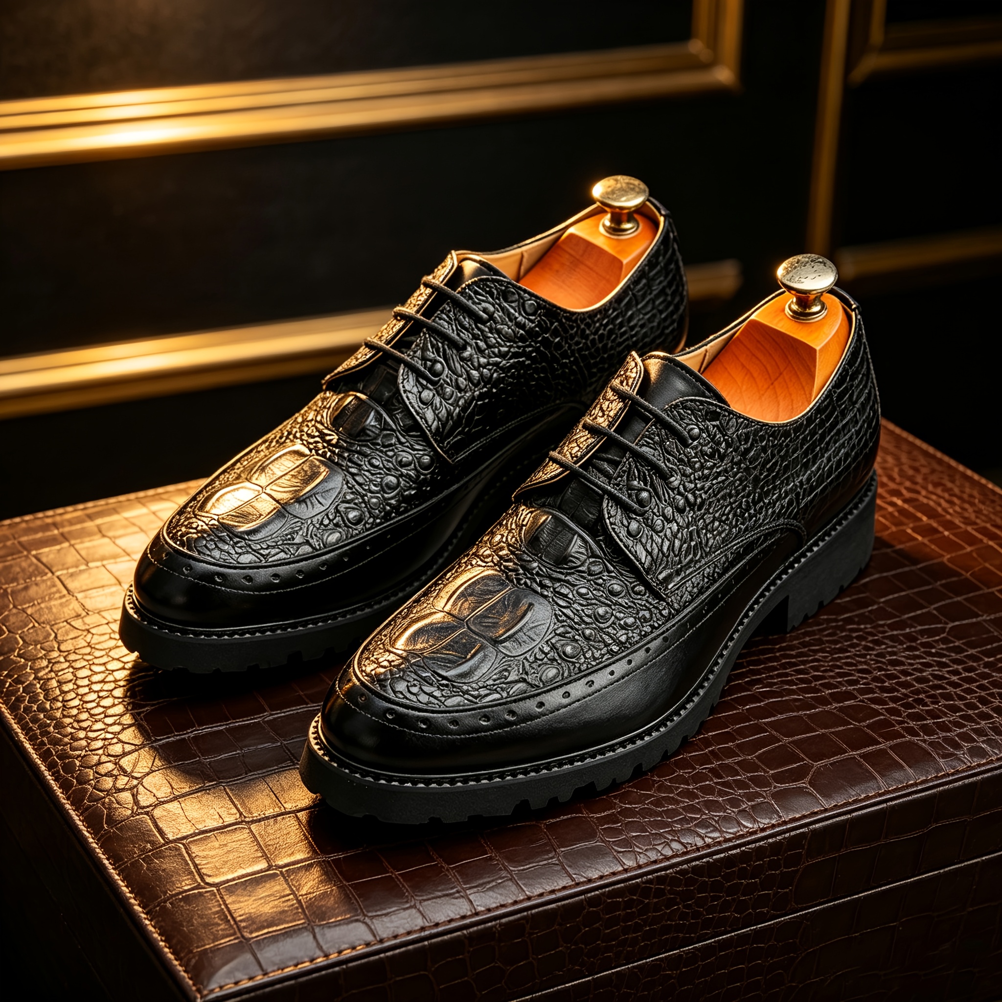 Mens black crocodile print brogue Oxford shoes