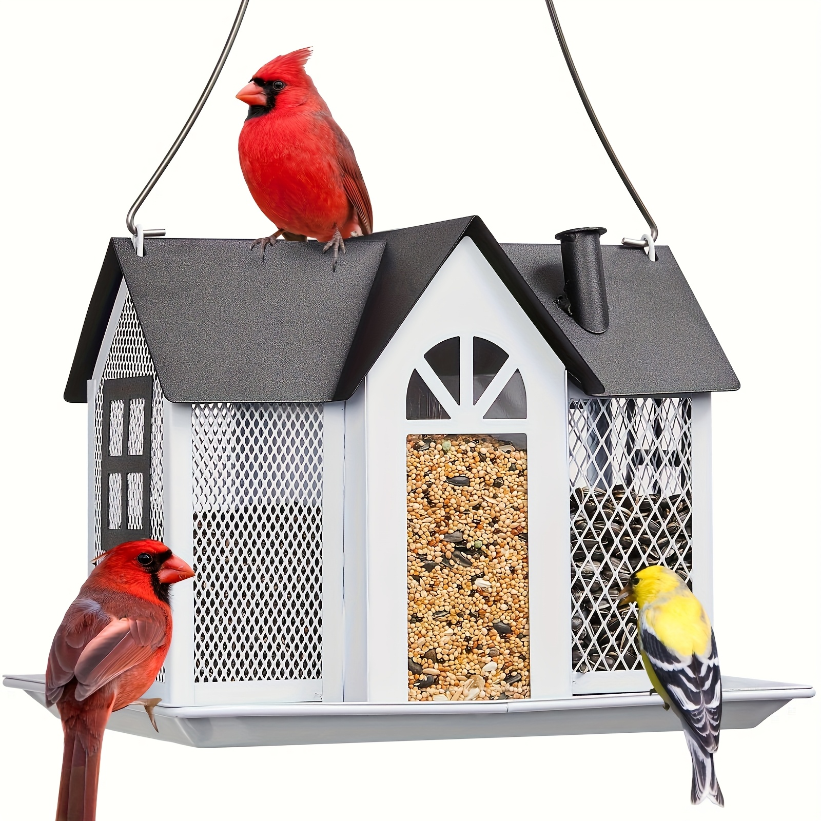 Outdoor Bird Feeder House - Durable Metal Mesh With Triple Feeders, Holds , , Quail, Large Capacity, Weatherproof , Black Door, Great For Attracting , Without Battery