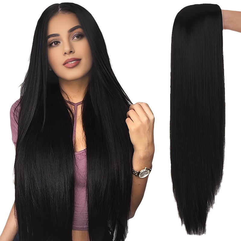 

Trendy Black Straight Hair Wig For Women, High Temperature Resistant Fiber, Middle Part, Net Cap, Long Straight Synthetic Hairpiece