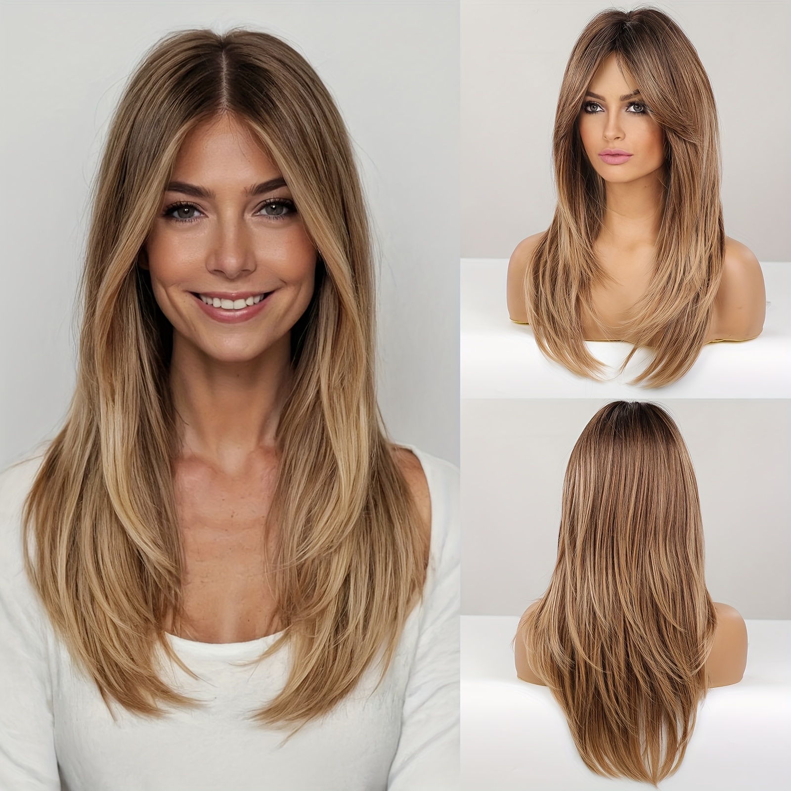 E-shop Damen Gradient Farbe Synthetikfaser Perückenkappe mit geschichteten, langen, glatten Haaren, matte Hochtemperatur, Rosennetz-Kappe