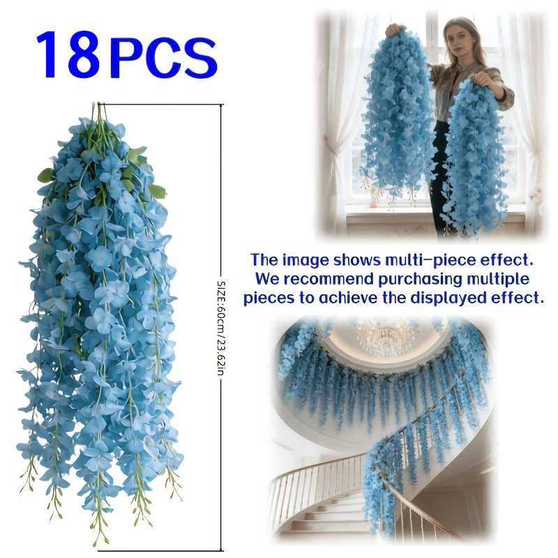 TEMU 18pcs Set Of High-end Realistic Blue Wisteria Flowers, High-density Blue Fake Wisteria Vine Hanging Flower Strands, Outdoor Artificial Flowers,