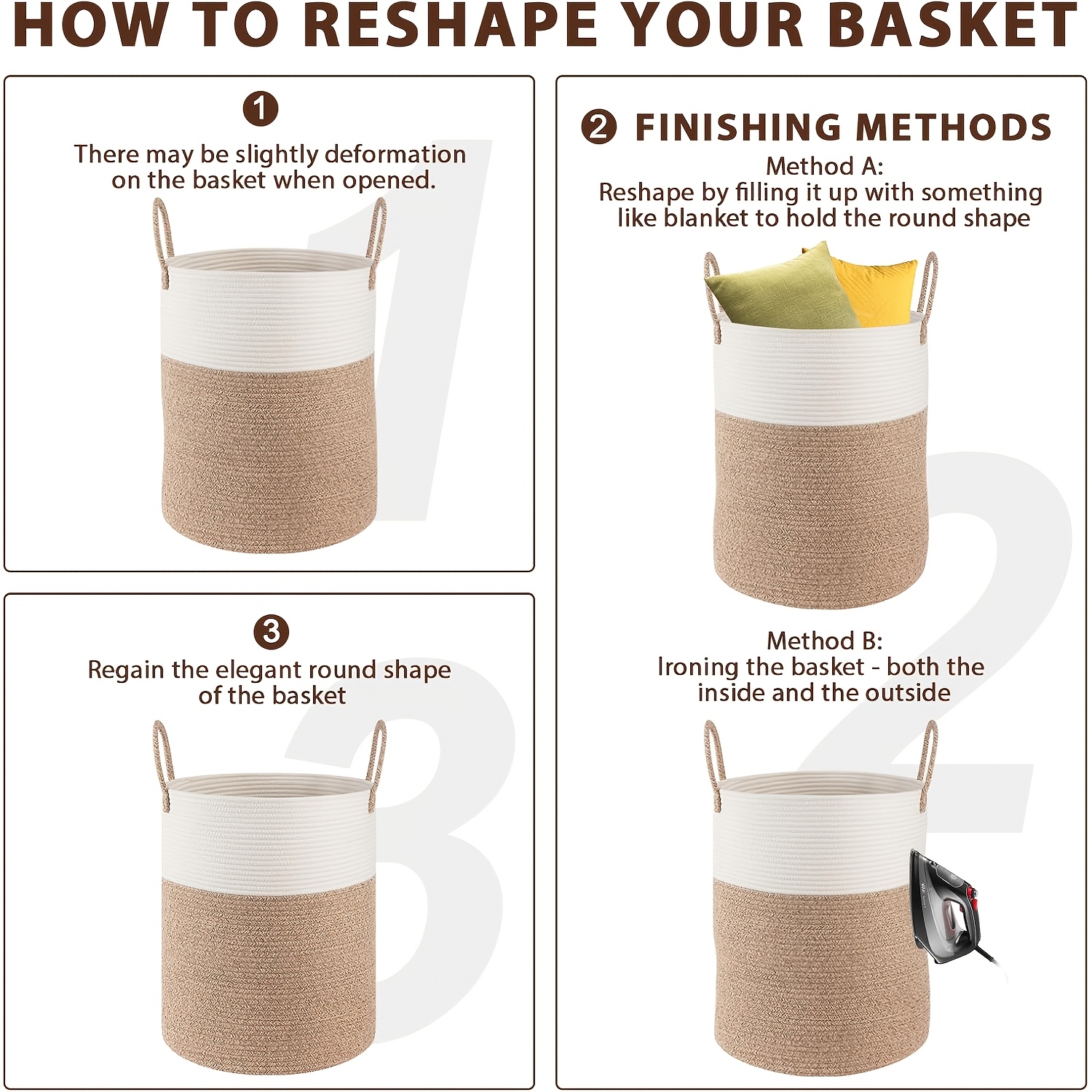 Large Laundry Basket Hamper - 60L Rope Woven Storage Basket for Blankets, Clothes - Tall Decorative Nursery Hamper with Long Handles, Decorative Blanket Basket for Living Room, Laundry Hamper, Nursery Organizer, Beige Rope Basket, Shelf Baskets