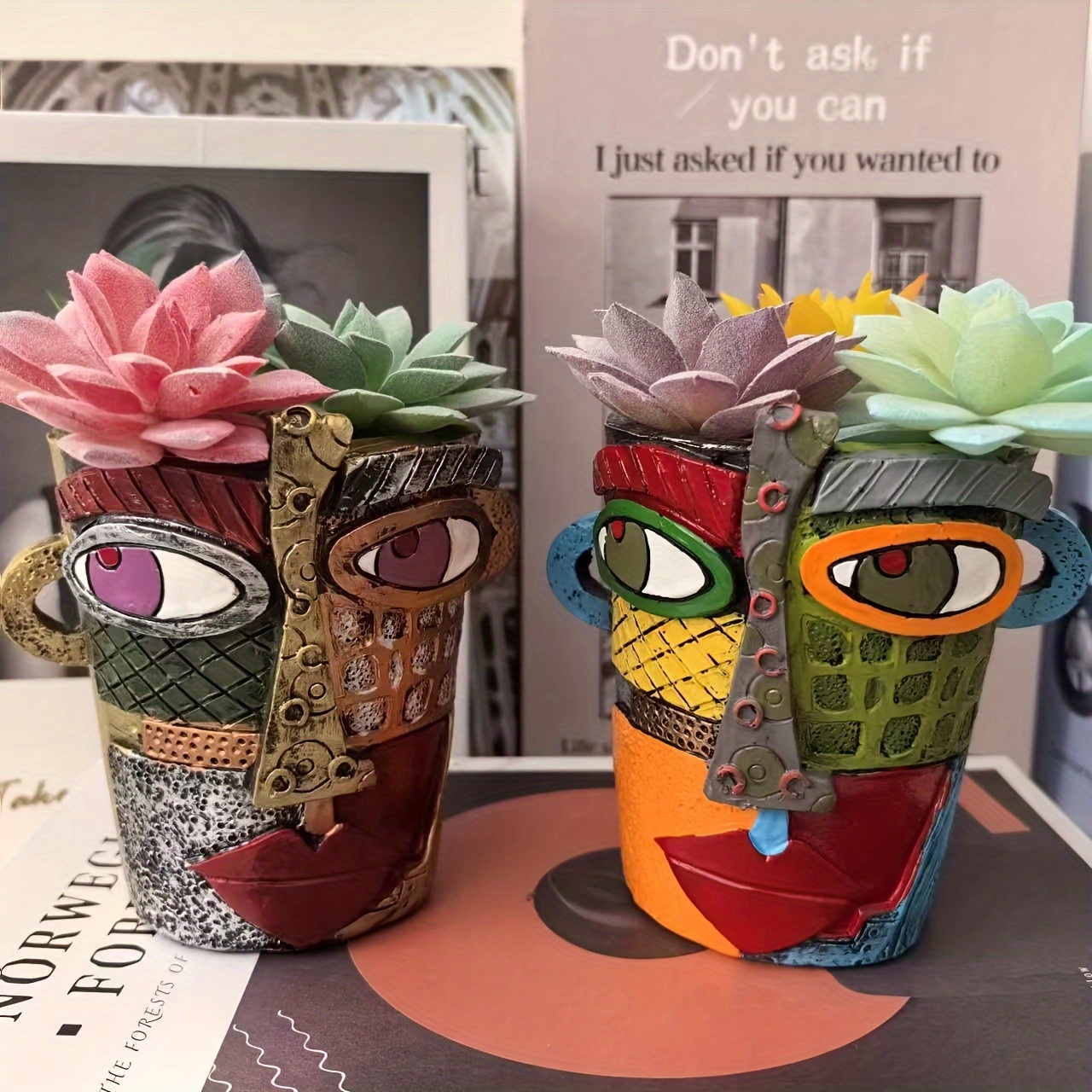 

Colorful Abstract Face Resin Planter With Drainage - Artistic Succulent & Green Plant Pot For Balcony Decor