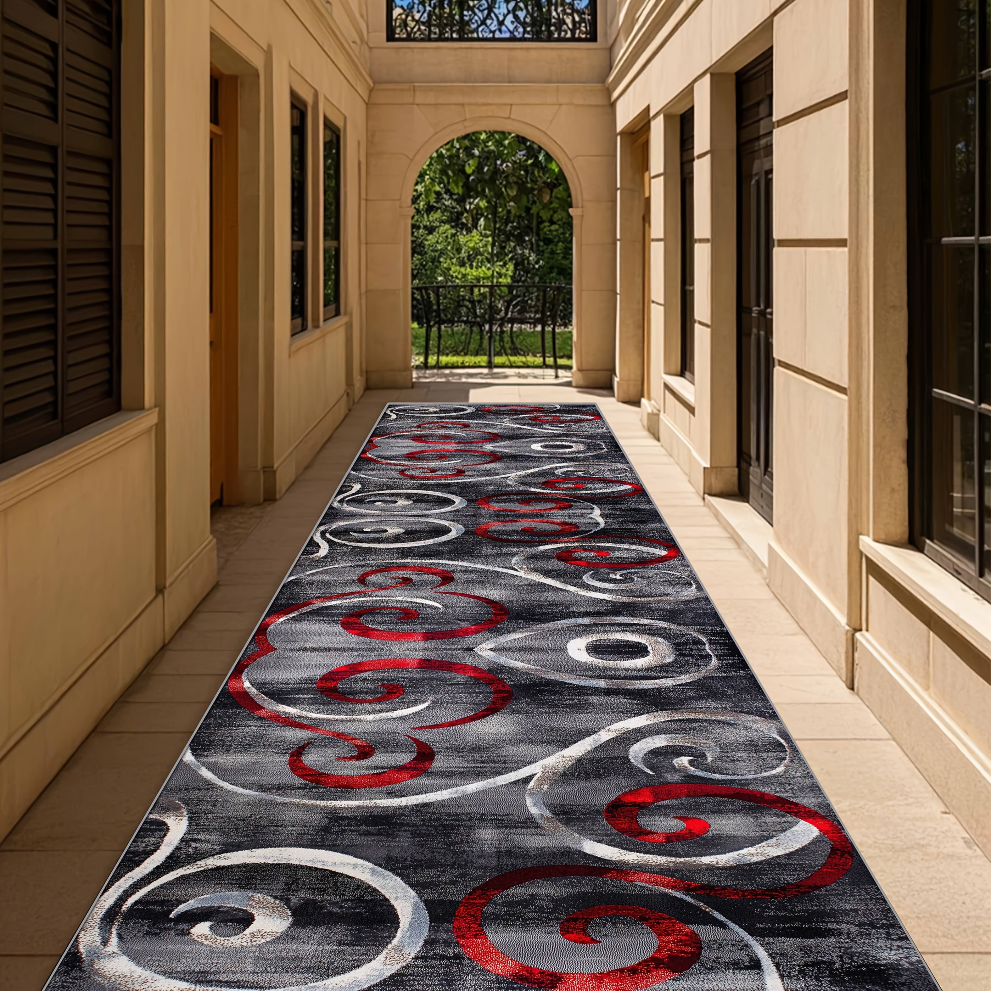 TEMU Sea Freight [] 1pc, Gray-black Carpet, Carpet With Red And White Swirl Pattern, Complex Design Pattern Long Carpet, Home Decoration, Room