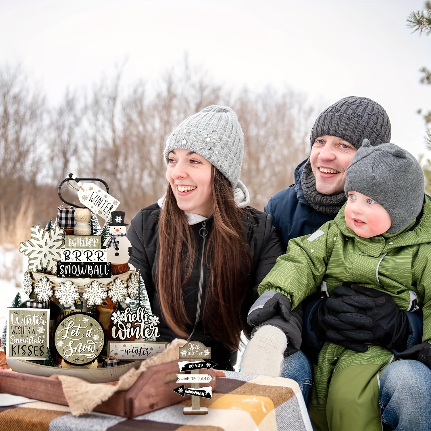 

15-piece Rustic Country Style Wooden Winter Decor Set - Theme Signs, No Electricity Required, Farmhouse Frost Decor, Ideal For Home Tabletop Display (tray And Beads Not Included)