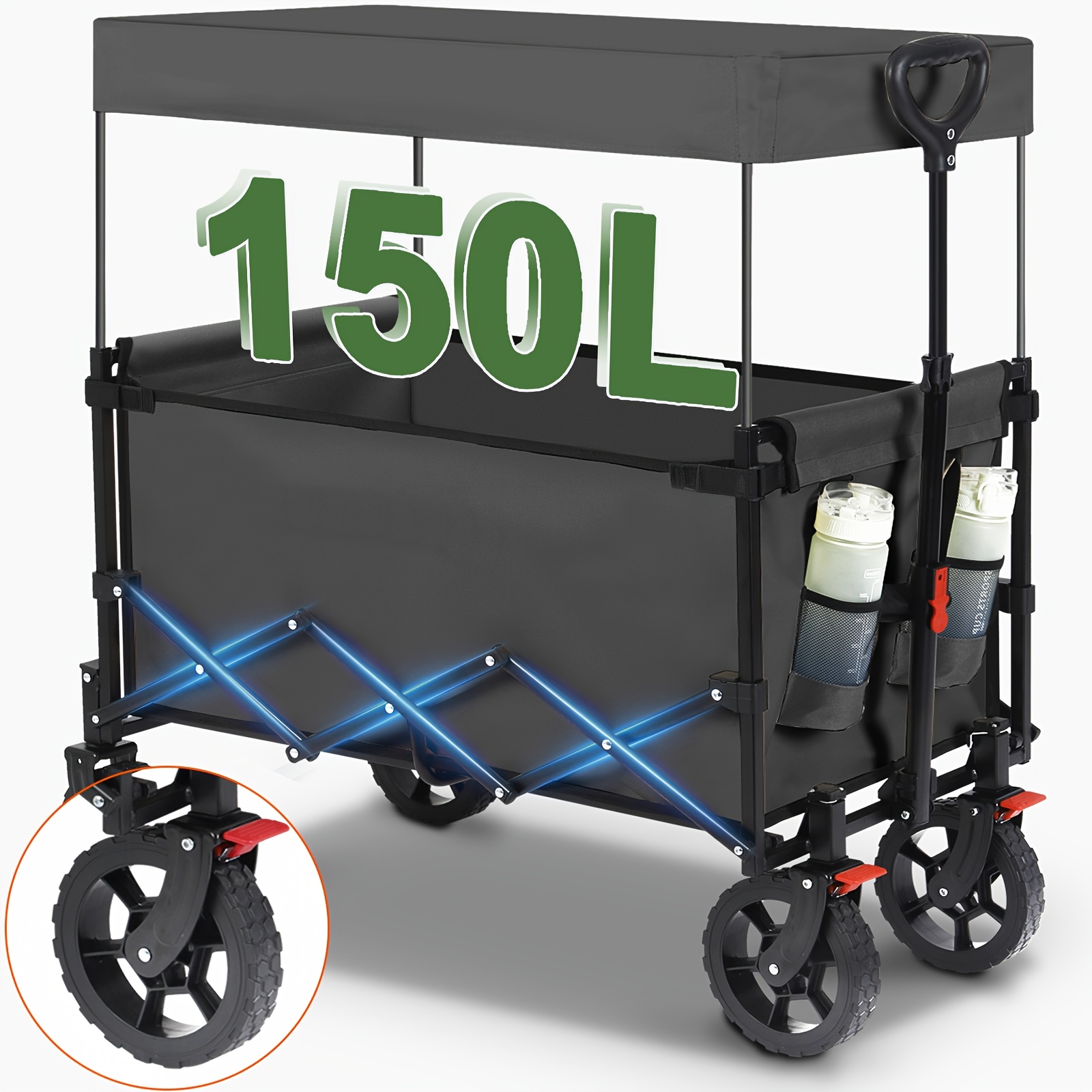 E-shop Sekey Handwagen Faltbar mit Dach 150L 150KG, Faltbarer Handwagen mit Sonnenschutz für Ausflüge Strand Camping