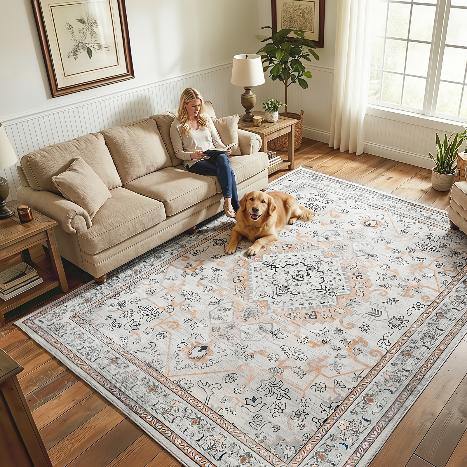 240x300cm Bohemian Carpet Suitable For Living Room, Vintage Beige/light With Tpr/ Base, Machine Washable Short Pile Suitable For Entrance, Kitchen, Bedroom, Retro For Spaces