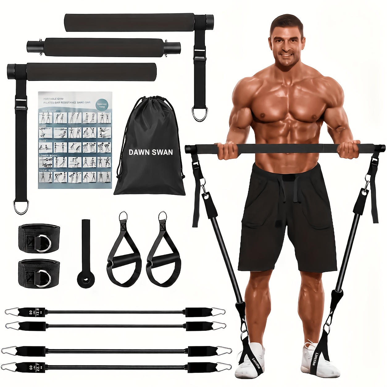 Image of 12pcs Pilates Bar Kit With 4 Resistance Bands (160lbs) For Home Gym, Yoga, Squats, And Full Body Shaping - Workout For Legs, , Waist, And