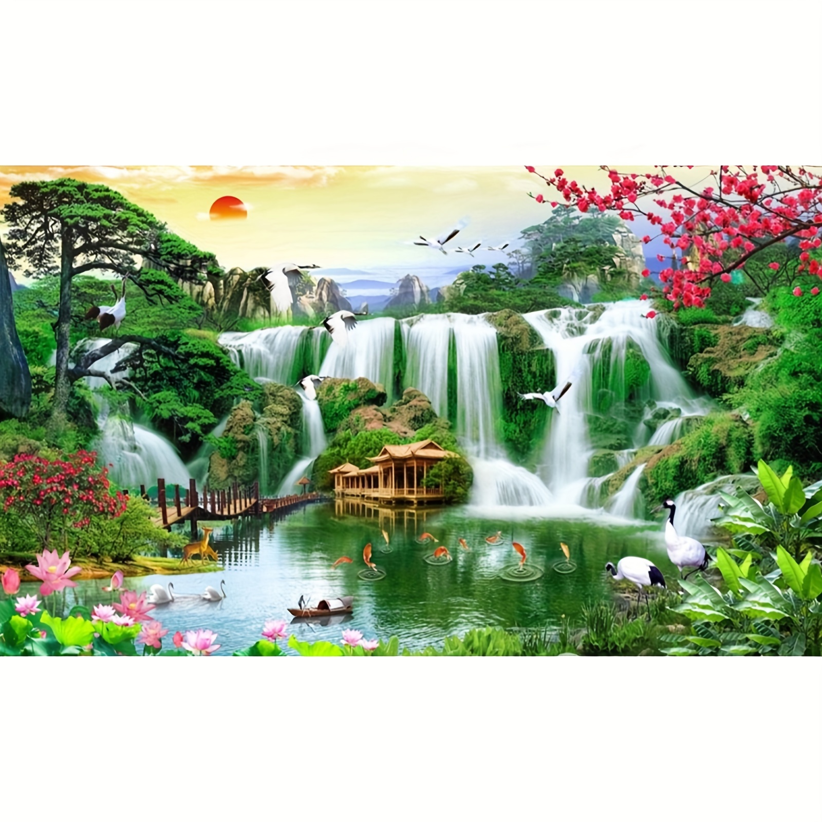 

5d Diy Diamond Painting Kit Round Shape Canvas Landscape Waterfall Mosaic Art Full Drill Cross Stitch Wall Decor For Bedroom, Office, Living Room 40x70cm/15.7x27.5inch