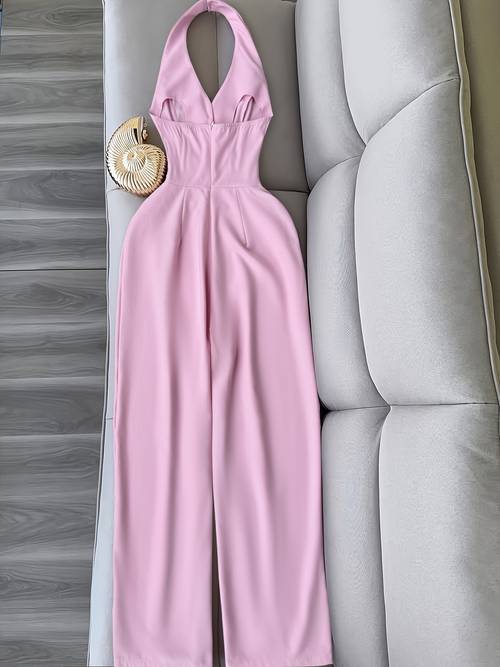 damen eleganter rosa ärmelloser neckholder-jumpsuit mit - taillenbetonung, beine