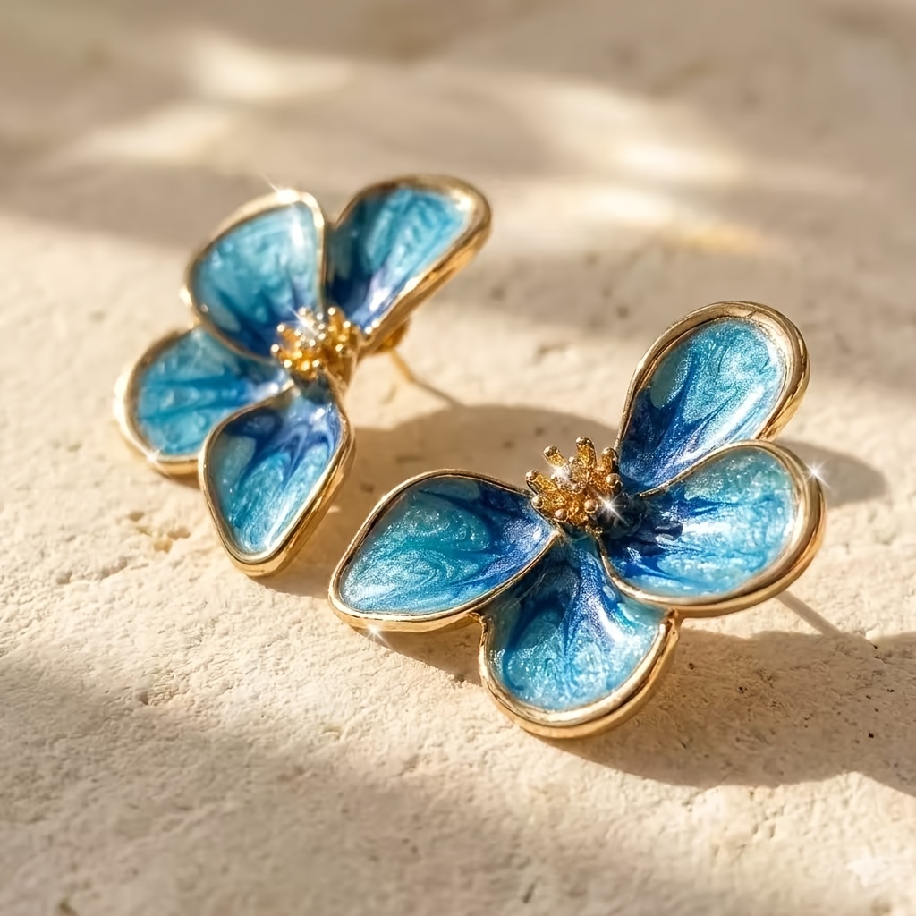 Women's Vintage Blue Enamel Flower Stud Earrings, Elegant Design