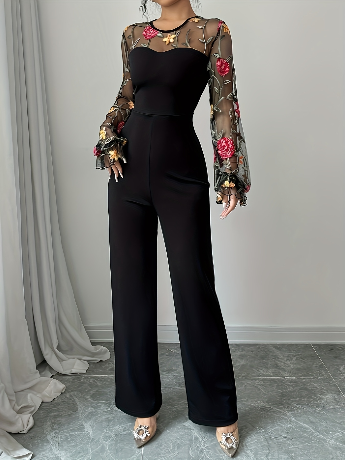 elegant floral embroidered jumpsuit women black mesh lantern
