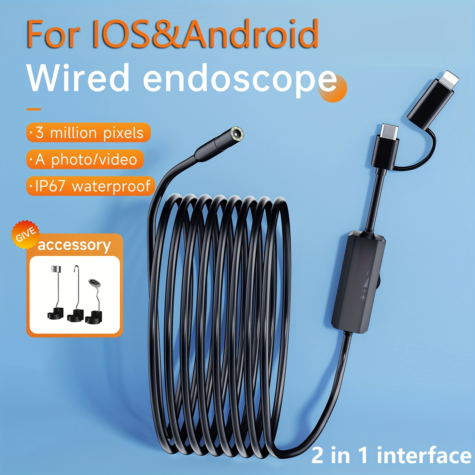  USB Snake Inspection Camera, 2.0 Mp Ip67 Waterproof USB C  Borescope, Type-c Scope Camera with 6 Adjustable Led Lights Endoscope  Camera for Android, PC's Endoscope Camera : Industrial & Scientific