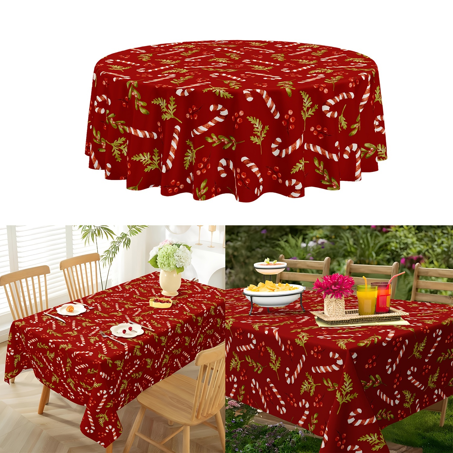 

1pc Nappe de table ronde de - Housse de table ronde en de cannes à , de houx et de , tissée , imperméable, les fêtes de famille et la décoration de