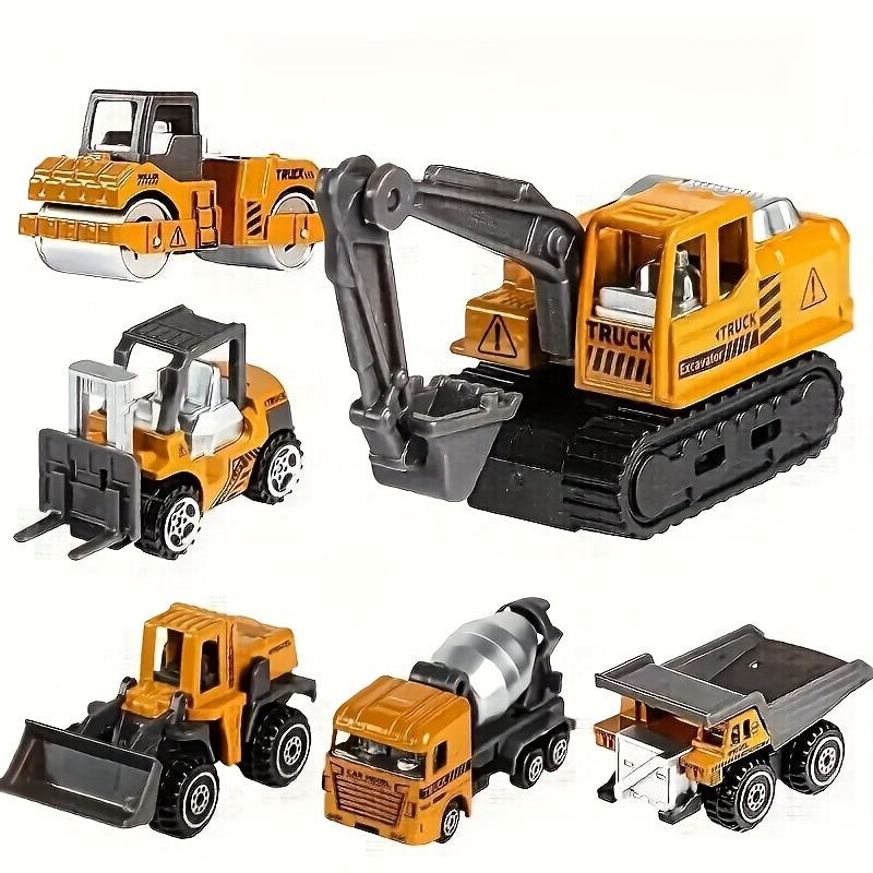 6pcs die cast construction vehicle toy set durable alloy metal truck excavator and loader yellow with black seats ideal holiday gift for     christmas and halloween random packaging