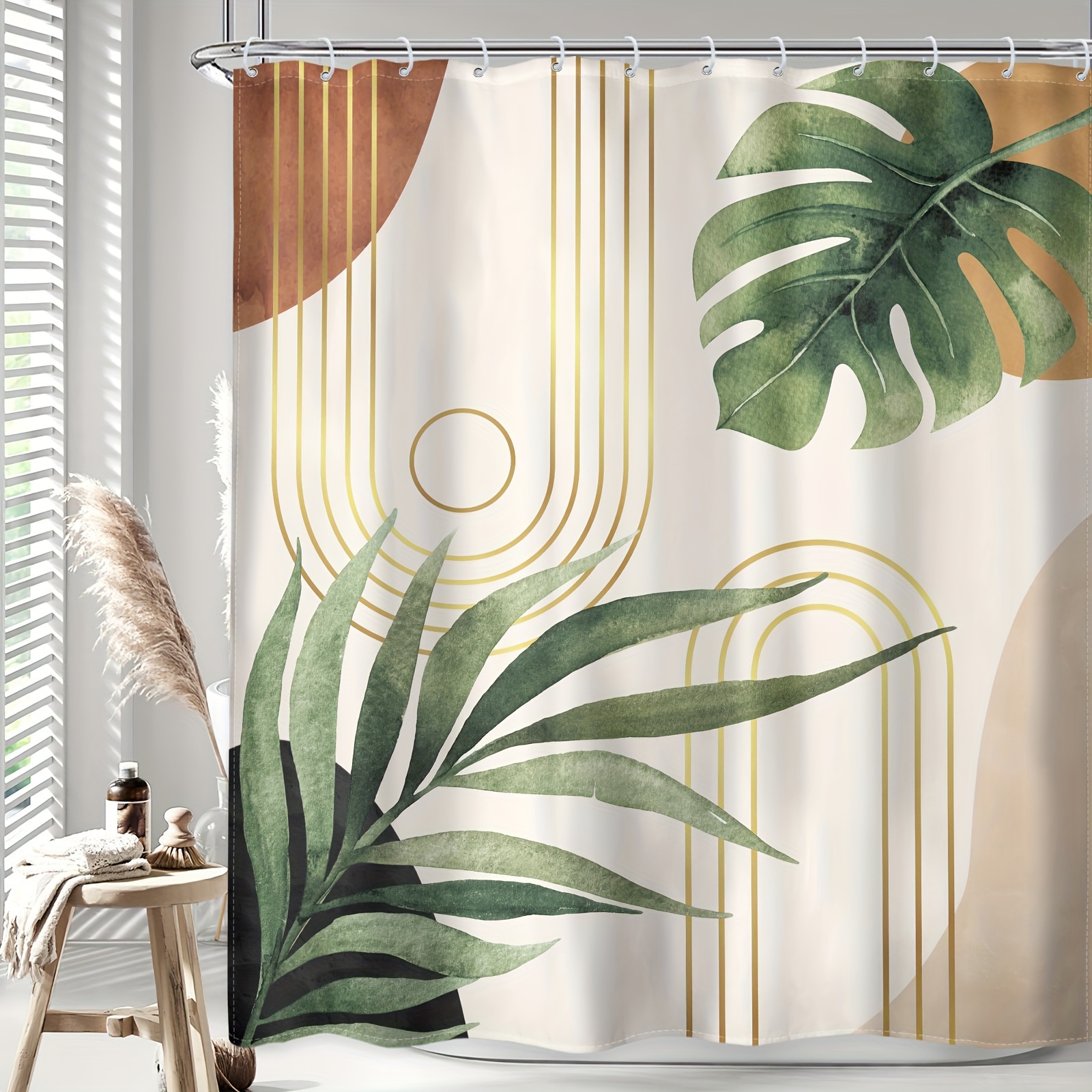 

1pc Mid-century Leaf Shower Curtain, Abstract Tropical Watercolor Palm Leaf Arch Waterproof Bathroom Accessories, Home Decor With 12 Plastic Hooks, 72wx72h Inch