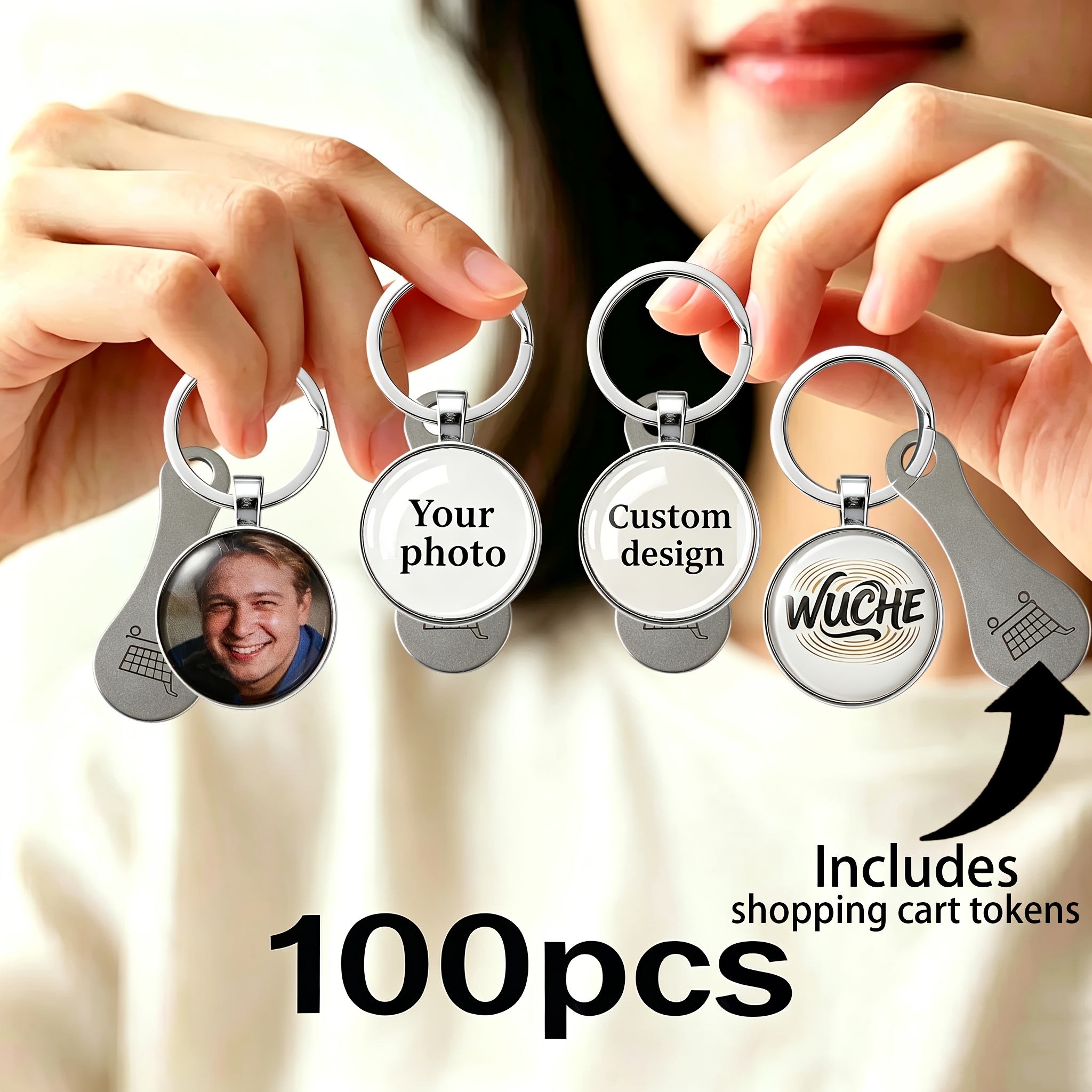 TEMU 100 Custom Clock Gem Keychains With Shopping Cart Tokens: Customized With Logos, Family Photos, Pet Photos, Etc., For Bulk Customization Of