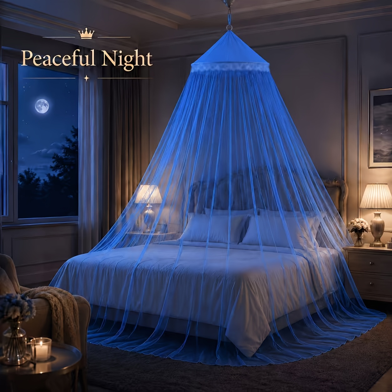 TEMU Hanging Bed Canopy Net, Full Coverage Mesh Net For Bedroom, Soft Draped Design, Decoration, Blue White Pink Purple Color Options