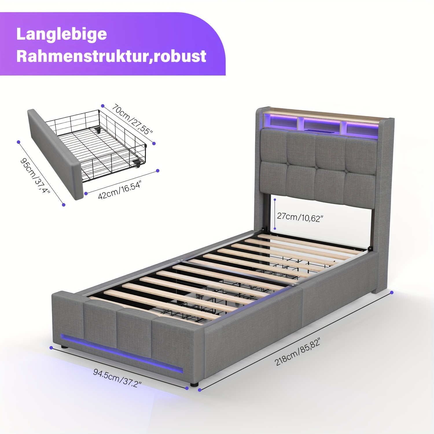 90x200cm Double Bed Frame With 4 Storage Drawers, With Rgb Led Lights, Charging Station Upholstered Platform Bed With Headboard, Sturdy Metal-wood Support, Easy Assembly, Double Bed