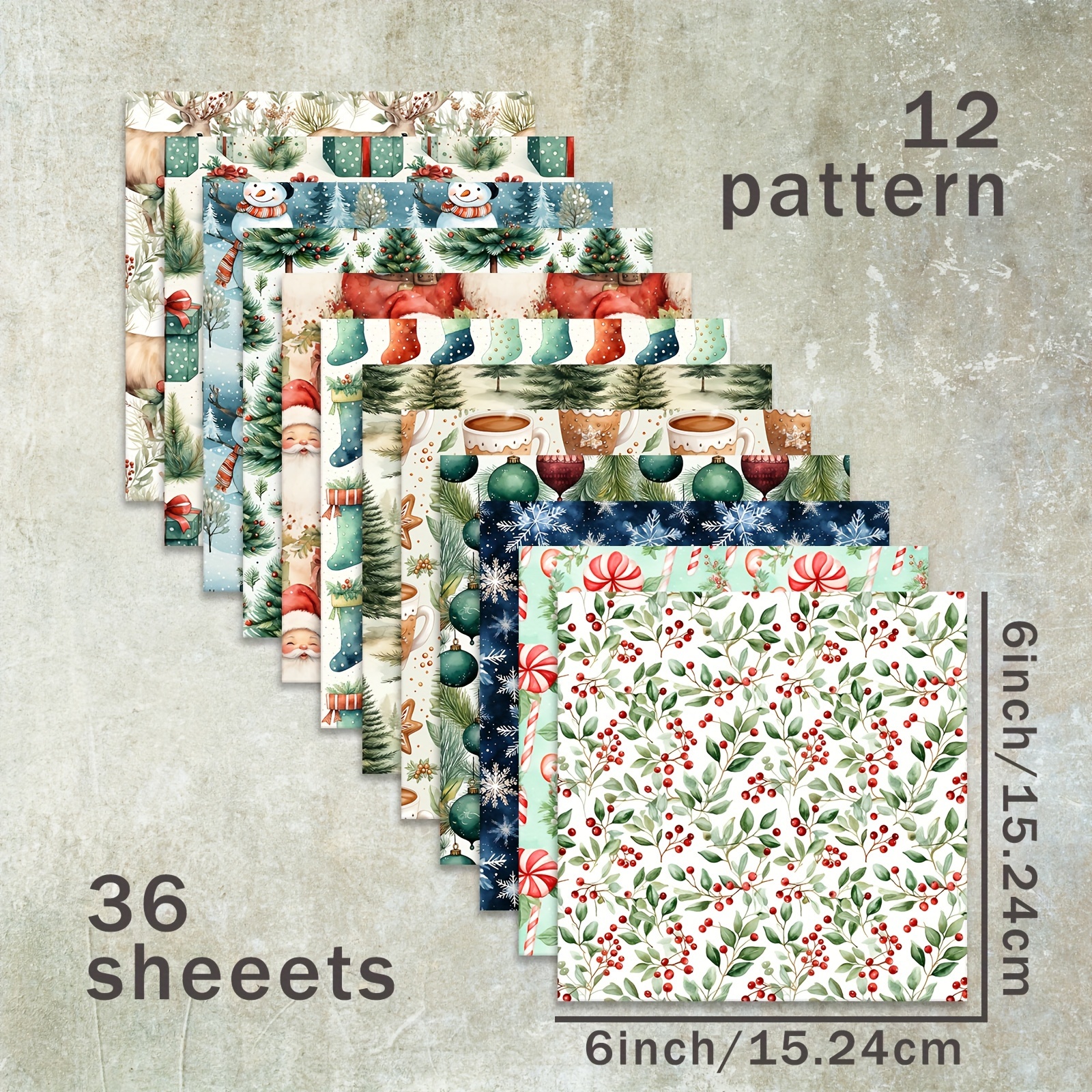 TEMU 36-sheet Christmas Scrapbooking Paper Pad, 6-inch, Assorted Designs With Snowmen, Santa, Stockings & Holly Patterns, Heavyweight Cardstock For