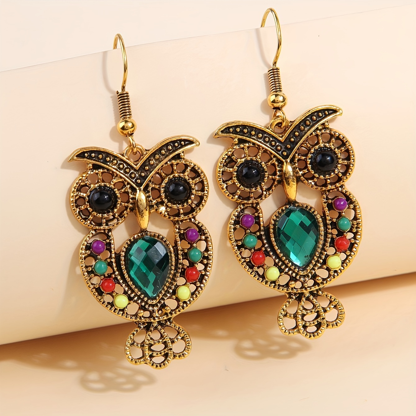 

Bohemian Style Colorful Shiny Rhinestone Owl Design Dangle Earrings, Vintage Retro Design, Multicolor Rhinestone Dangle Earrings For Women Fashion Jewelry