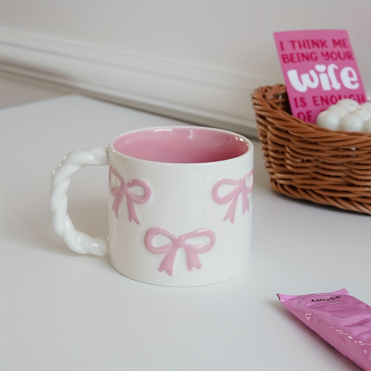 Image of 1pc Pink Bow Ceramic Mug, Twist Ceramic Cup, Exquisite Minimalist Pink Embossed Cup, Suitable For Coffee Shop Latte Art Cup, Home Decor Drinkware, Room Bedroom Water Glass, Gift Idea