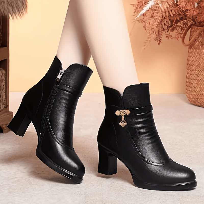 TEMU New 2025 Autumn/winter Women's High Heel Ankle Boots, Plush-lined Thickened Soft Boots, Fashionable Mid-aged Ladies' Boots, Women Shoes Elegant