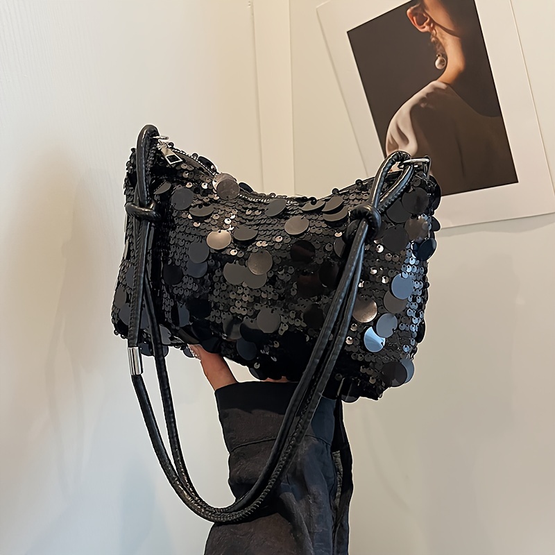 Image of 1pc Women's Evening Clutch Tote Bag, Korean Style New Sequin Fashion Handbag, Large Capacity - Suitable For Daily Commuting, The For Holiday Gifting - Colors, Black/silvery. [zipper Is Random]