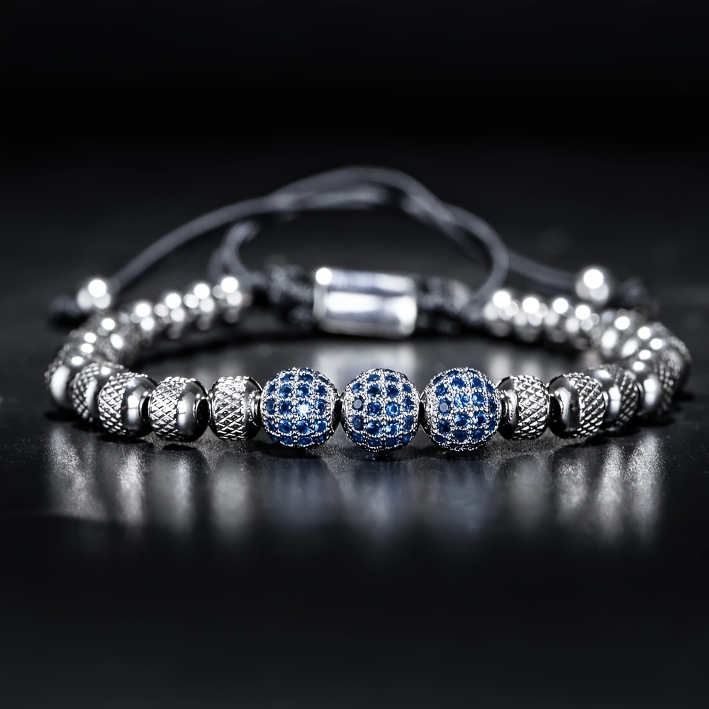 

Bracelet de Luxe pour Hommes avec Perles Rondes en Acier Inoxydable de 6mm et Micro-Ensemble de Perles de CZ Bleues Bracelet d'