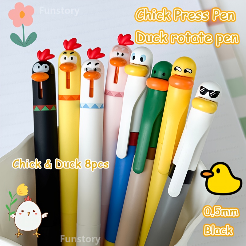 8 pack funny cute duck chicken gel pens 0.5mm black ink quick dry   combo st tip extra smooth for  , study tools, office stationery, cute design,   pens, quick dry ink, ergonomic grip, gel pen set, twist mechanism, creative writers, professionals Product details 0