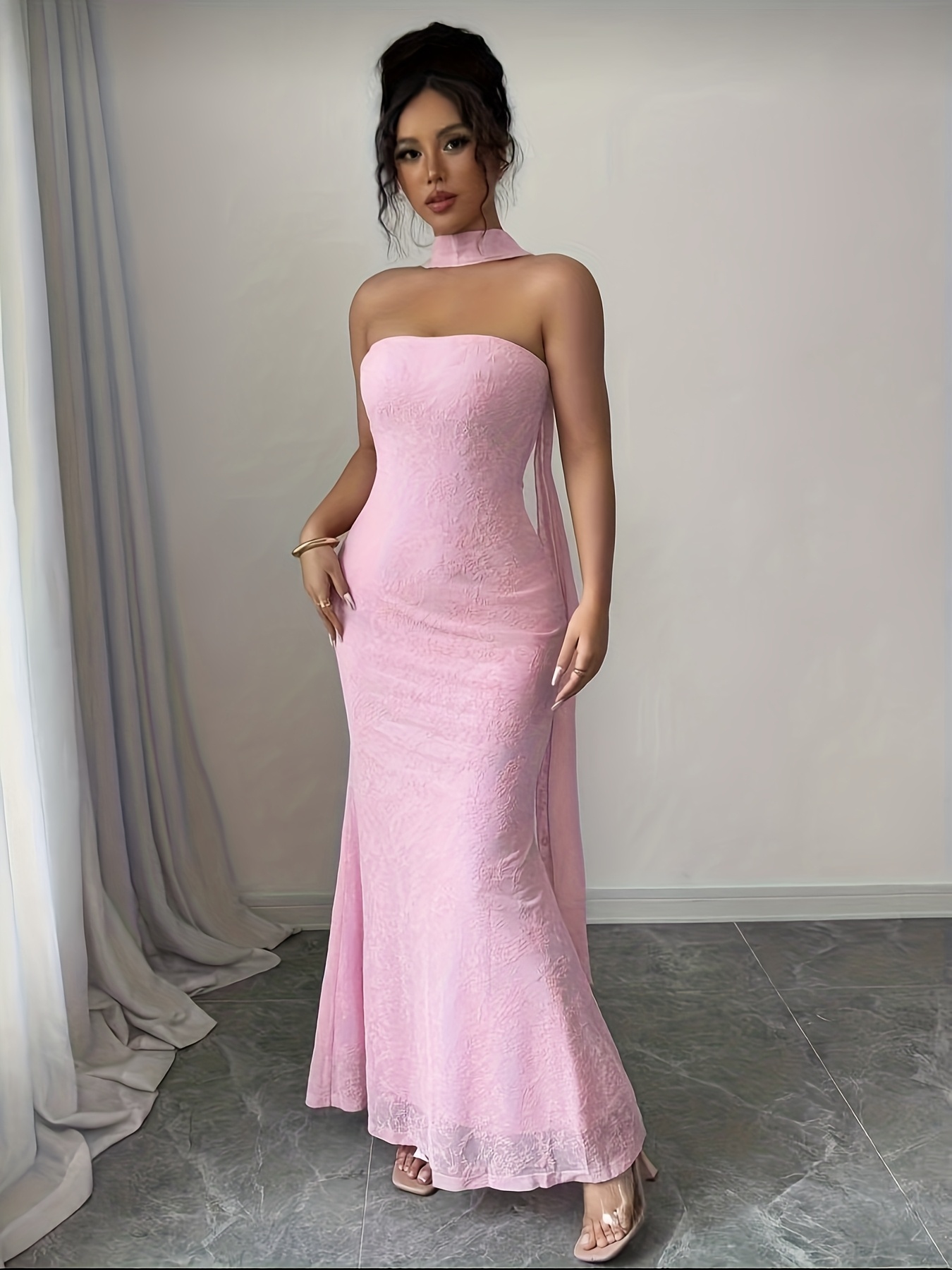 womens fashion soft pink lace halter neck long dress evening - Temu Canada